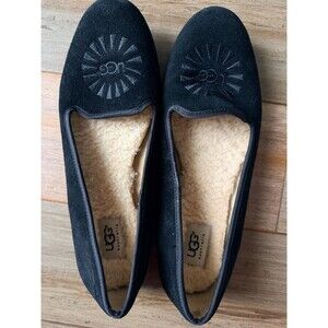 UGG Australia Womens Alloway Sunburst Black Suede Shearling Flats Shoes Size 9
